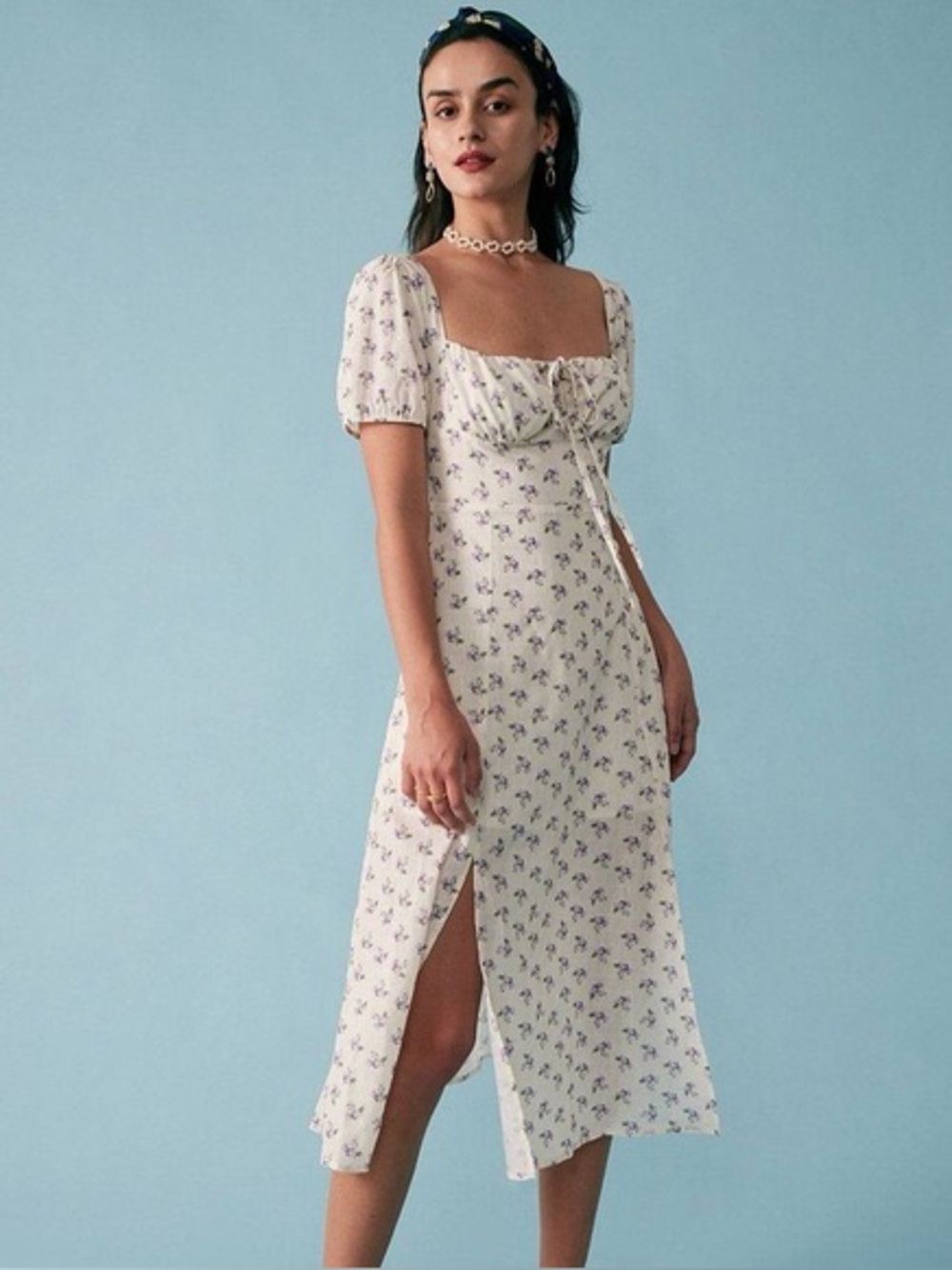 Rihoas Short Sleeve Floral Ruched Midi Dress Ditsy Floral Slit Coquette Large